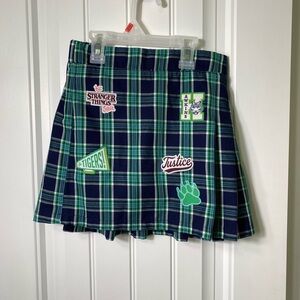 Stranger Things Girls Green Plaid W/ Patches Pleated Academic Uniform Skirt 10